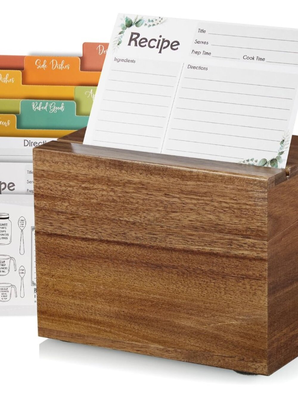 Recipe Card Box, Acacia Recipe Holder 4x6, Recipe Organizer with 50 Cards and 6
